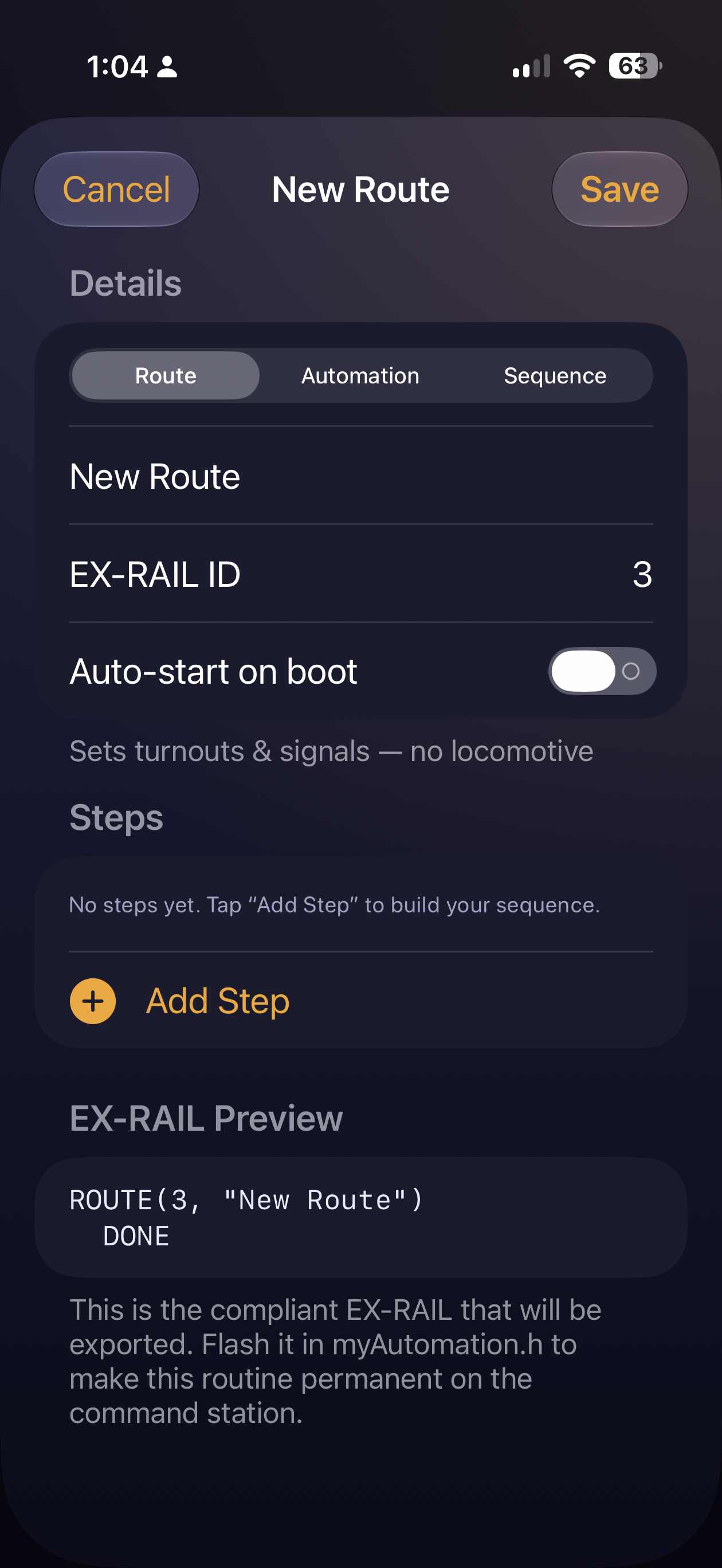 Routes & Automations — authoring an EX-RAIL routine
