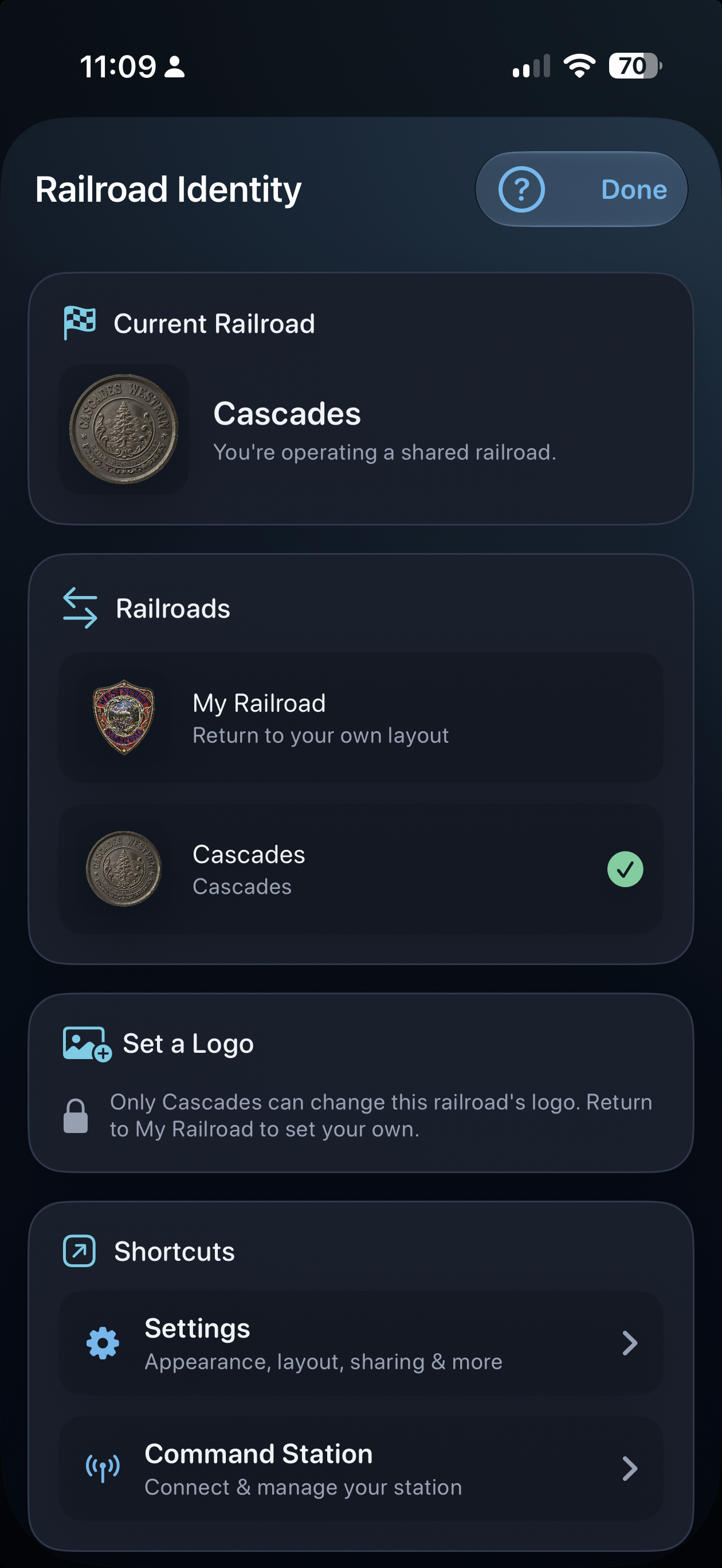Railroad Identity — switching between My Railroad and a shared layout
