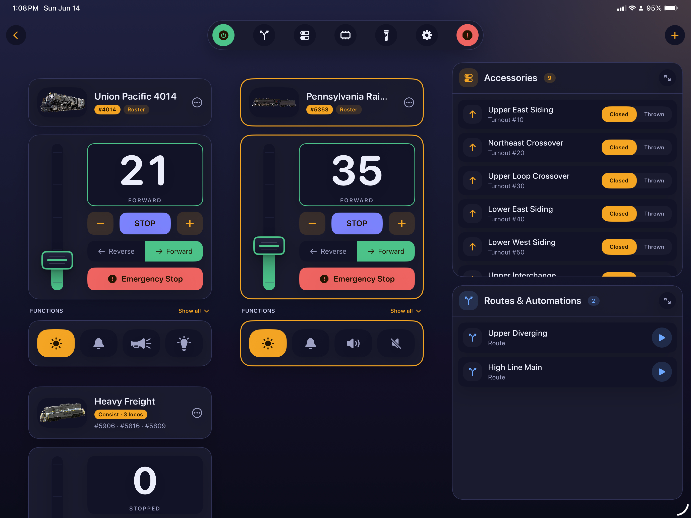 Train Controls throttle deck in landscape on iPad